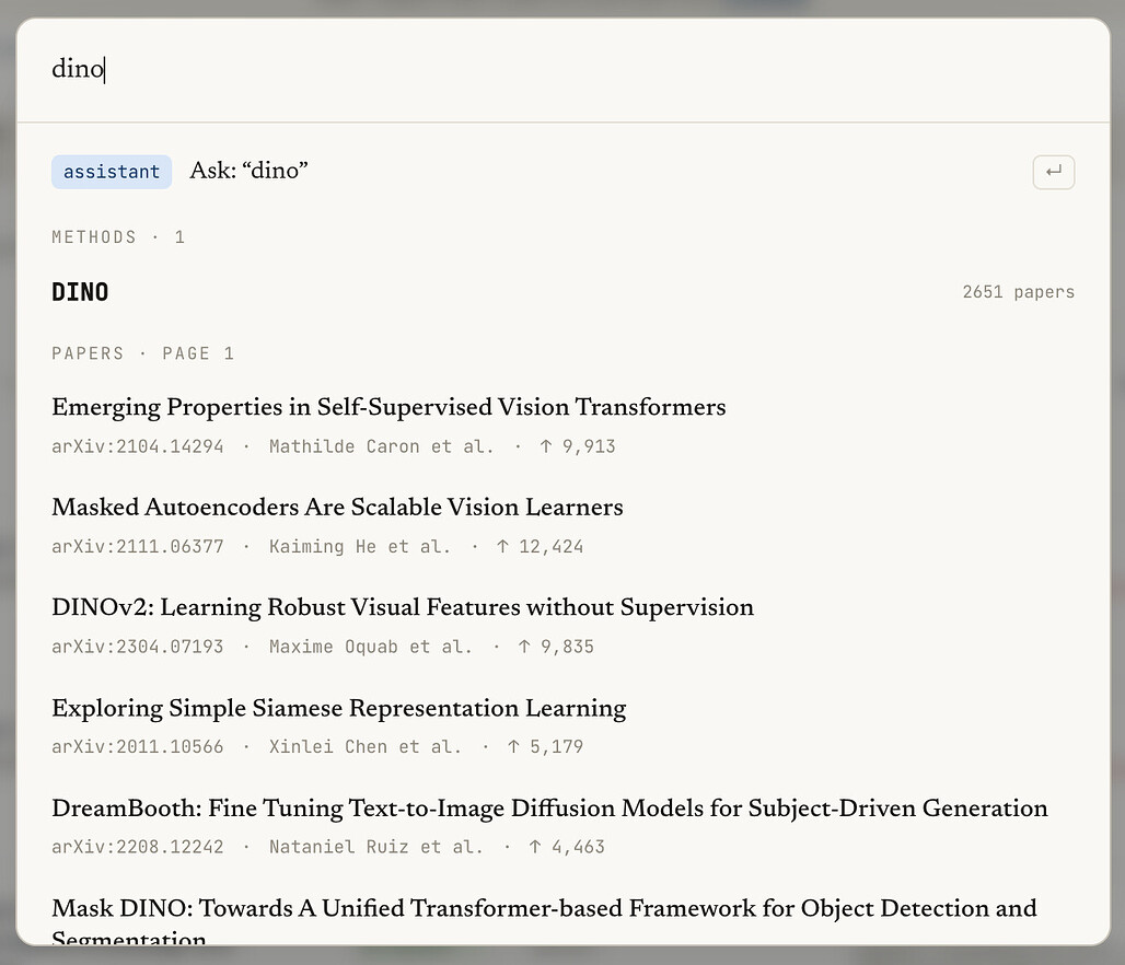 Papers with Code에서 DINO를 검색한 결과. 메소드 항목 DINO와 관련 논문 목록이 함께 표시됩니다