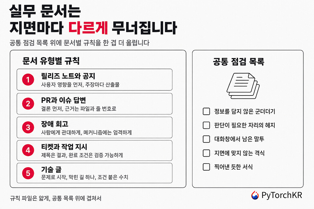 sepia가 실무 문서 5종에 적용하는 규칙과 공통 점검 목록