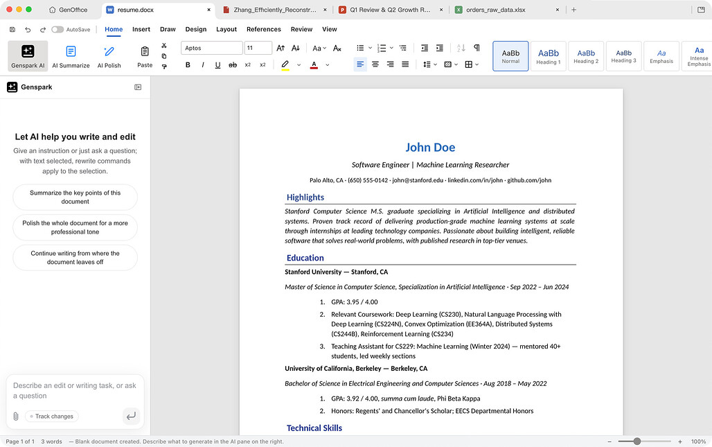 GenOffice Docs에서 AI 패널로 문서를 편집하는 화면