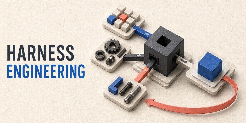 Harness Engineering의 하네스 개념도로, 고정된 작업자와 주변 환경을 표현한 그림