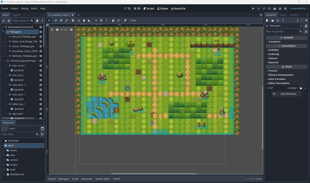 Agent Sprite Forge의 generate2dmap으로 내보낸 편집 가능한 Godot TileMap 에디터 씬