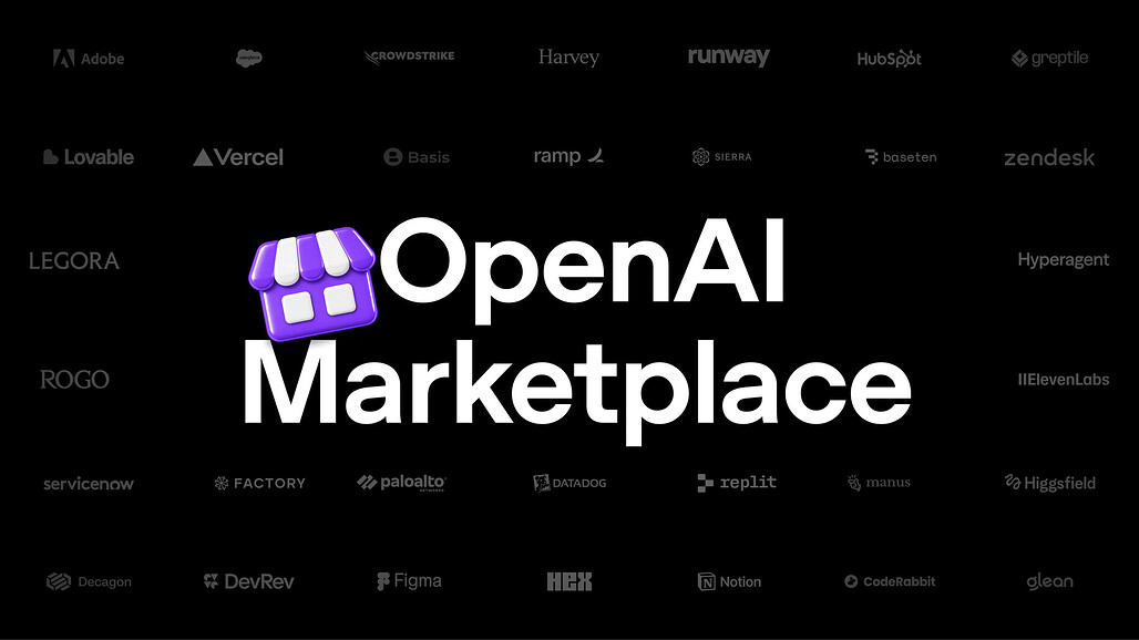 파트너 로고로 둘러싸인 OpenAI Marketplace 제목과 상점 아이콘