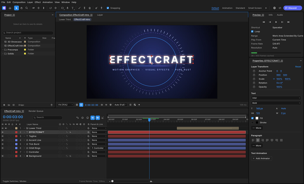 EffectCraft의 컴포지션과 타임라인 편집 화면