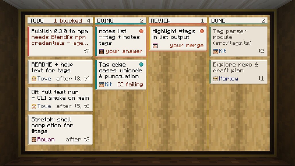 AgentCraft 작업 벽의 칸반 보드, TODO, DOING, REVIEW, DONE 열