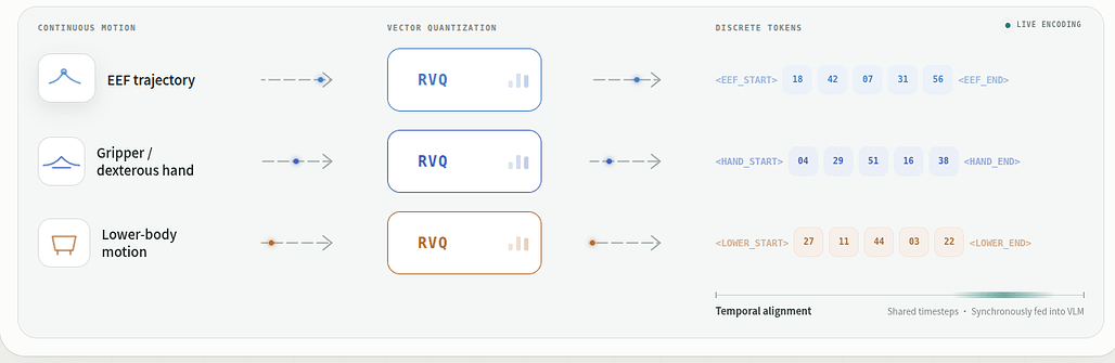 RVQ 기반 이산 행동 토큰화, 말단 장치와 손과 하체를 각각 별도로 양자화