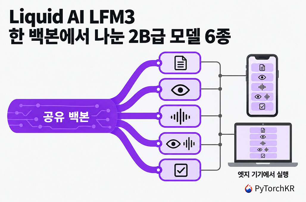 Liquid AI LFM3 히어로. 공유 백본 하나에서 모델 다섯 갈래가 엣지 기기로 이어지는 그림