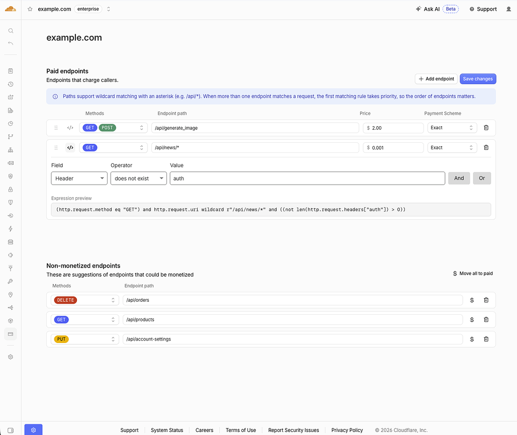 Cloudflare 대시보드에서 유료 엔드포인트와 결제 규칙, 표현식을 설정하는 화면