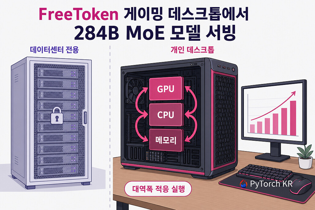 데이터센터 랙에만 올라가던 초대형 MoE 모델을 개인 데스크톱의 GPU와 CPU, 메모리가 함께 서빙하는 모습을 나타낸 히어로 이미지
