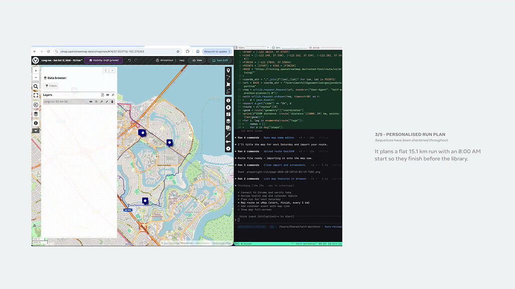 Muse Wonder의 달리기 계획 데모 장면. 왼쪽 브라우저에는 OpenStreetMap 기반 지도에 15.1km 경로와 표시점이 있고, 오른쪽 터미널에는 경로 계산 코드와 남은 작업 목록이 보임 (지도 데이터 © OpenStreetMap contributors)