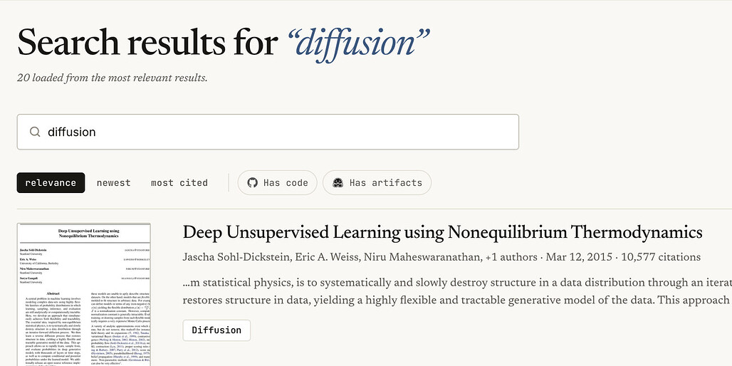 Papers with Code에서 diffusion으로 검색한 결과 화면