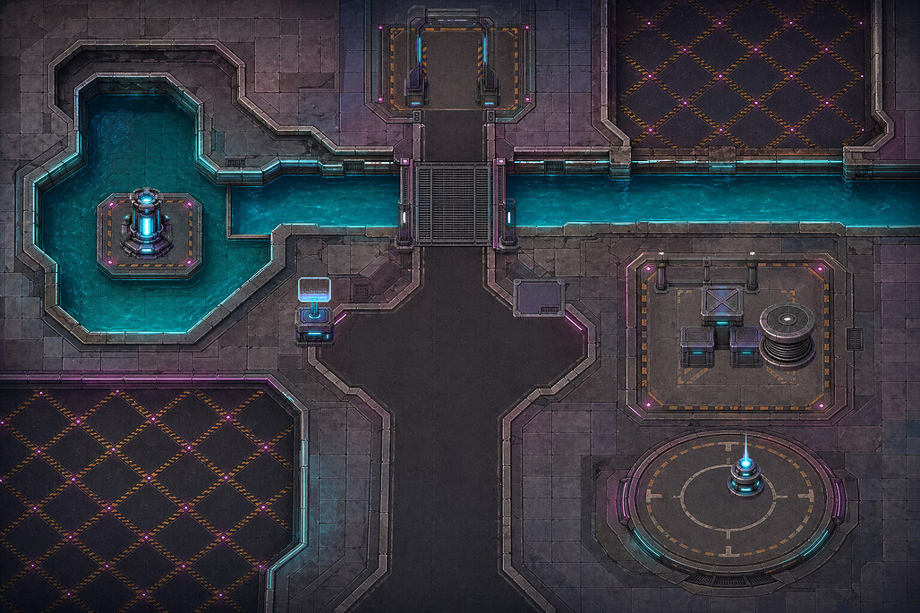 Agent Sprite Forge의 generate2dmap으로 만든 레이어드 사이버펑크 운하 RPG 맵 프리뷰