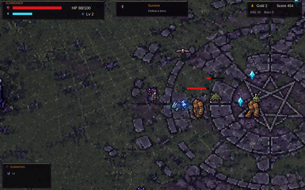 Agent Sprite Forge로 만든 Summon Survivors Unity WebGL 게임플레이 화면