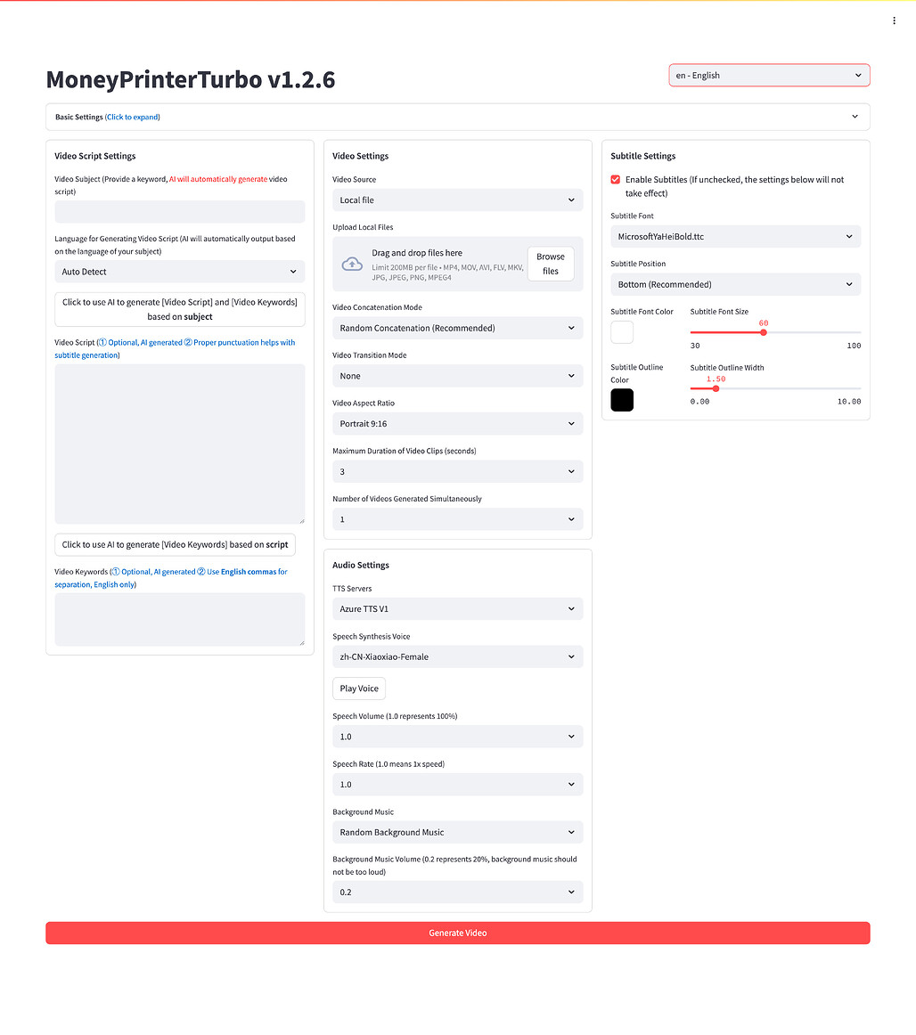 MoneyPrinterTurbo의 웹 인터페이스 화면