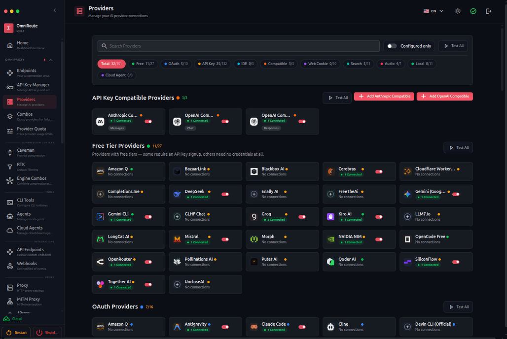 OmniRoute 대시보드의 Providers 화면: API 키 호환, 무료 티어, OAuth 제공자 목록과 연결 상태