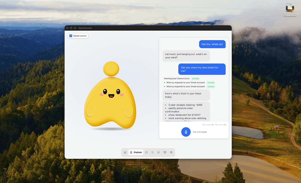 OpenHuman 데스크톱 앱 화면. 마스코트와 채팅 인터페이스가 함께 표시된다