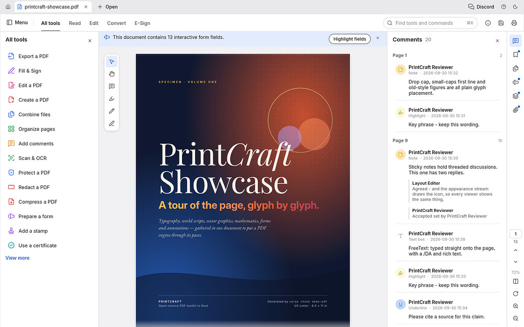 PrintCraft에서 13쪽짜리 예시 PDF를 열고 전체 도구 패널과 댓글을 띄운 화면