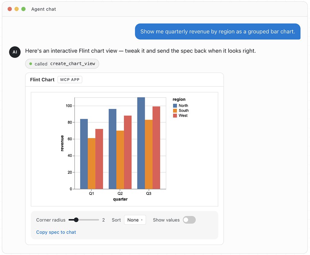 에이전트 채팅에서 Flint Chart가 MCP App으로 그룹 막대 차트 미리보기와 커스터마이징 패널을 보여주는 화면