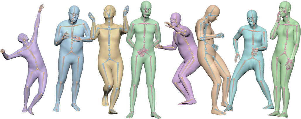 자세가 적용된 다양한 MHR 체형에 SOMA 골격을 피팅한 결과 / SOMA skeleton fitted to diverse posed MHR body shapes