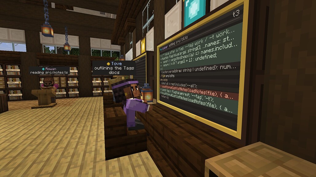 AgentCraft 작업자 에이전트가 책상에서 코딩하고 모니터에 실시간 로그가 표시되는 화면