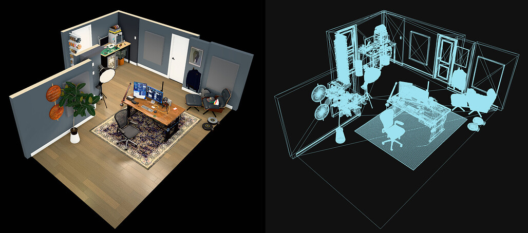 3D Model Anything 뷰어의 사무실 예제, 재구성 모델(왼쪽)과 와이어프레임(오른쪽)