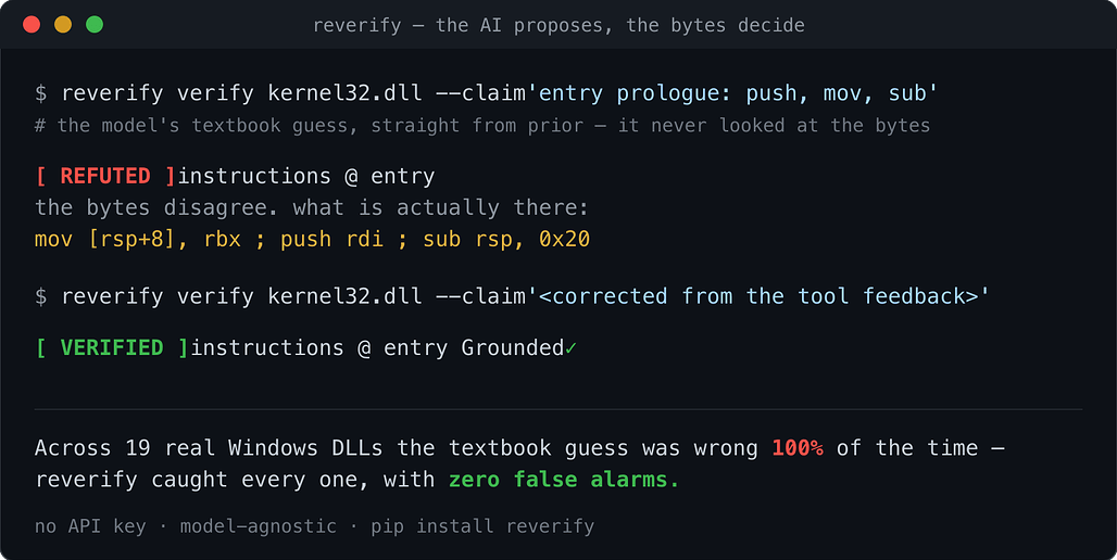 Reverify가 kernel32.dll에서 모델의 잘못된 함수 서두 주장을 반증하는 실행 예시