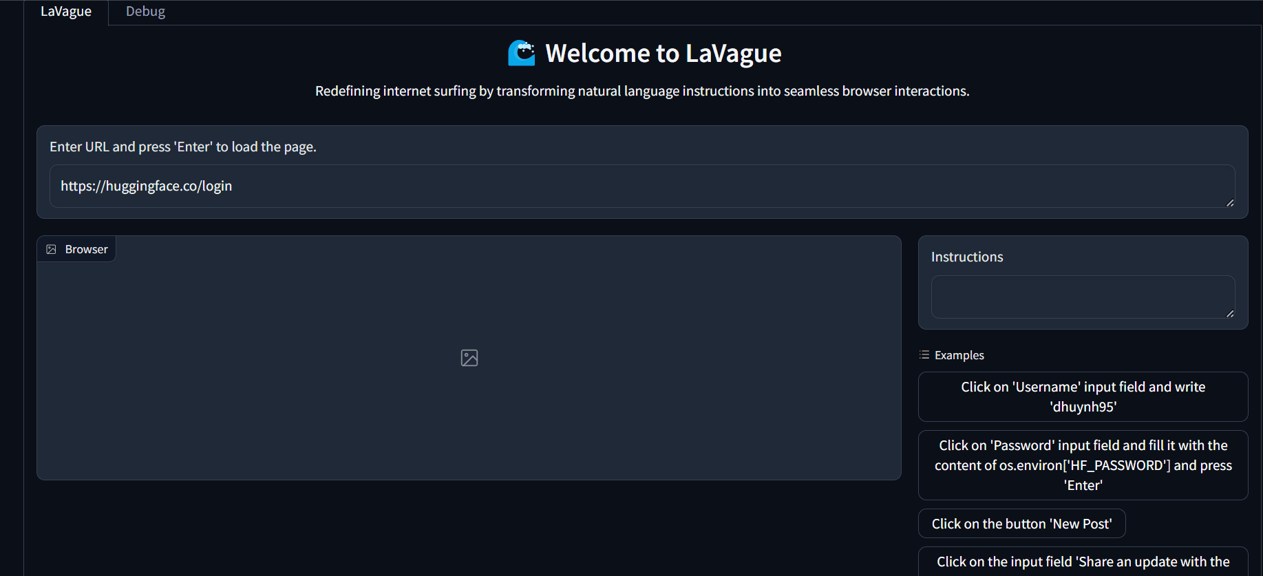 LaVague: Hugging Face 웹 사이트와 상호 작용 데모