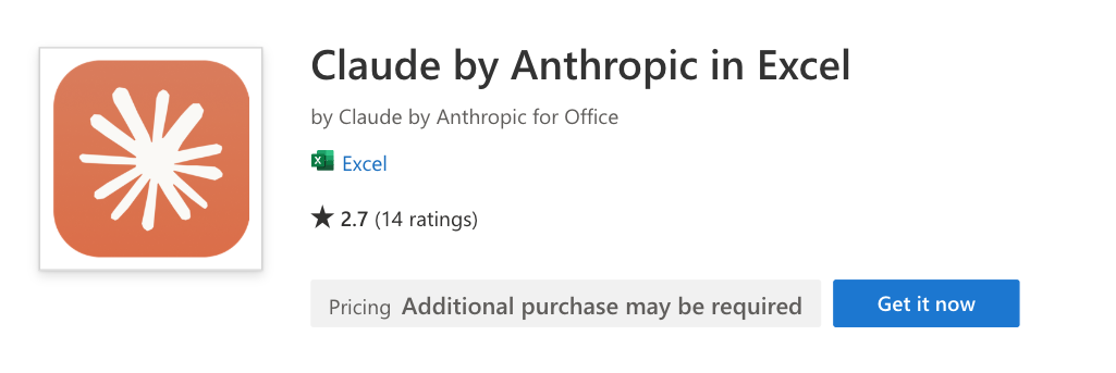Microsoft 마켓플레이스(Marketplace)의 Claude in Excel 추가 기능(Add-on)