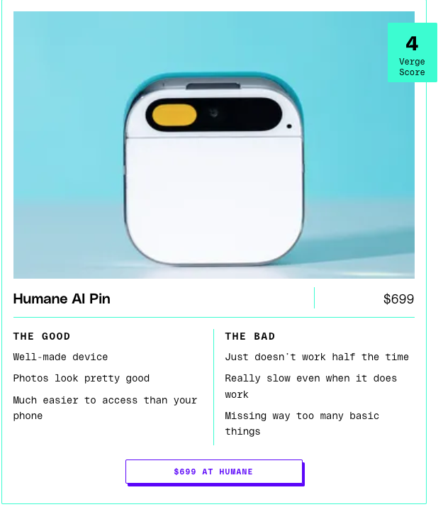 The Verge의 Humane AI Pin 리뷰: '기대에 한참 못 미치다(not even close)'