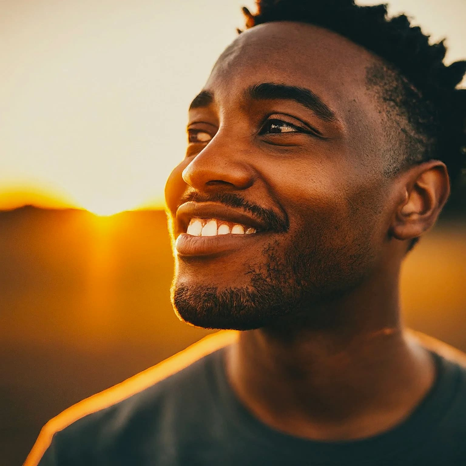Prompt: “Generate a realistic photo of a person looking off camera during sunset. Portrait mode so the background is faded.”