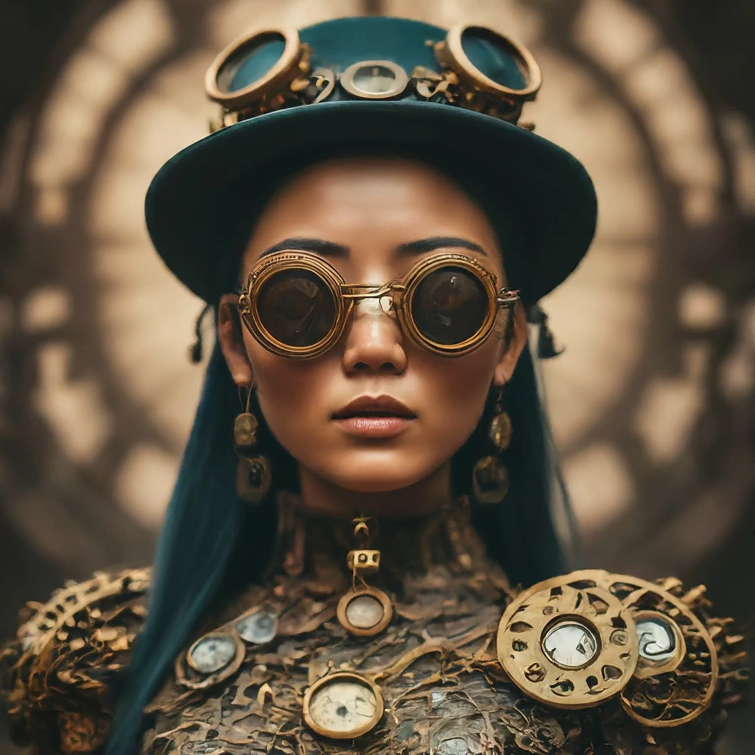 Prompt: “Generate an image of a fashion show in steampunk style digital art. Zoom in on their face.”