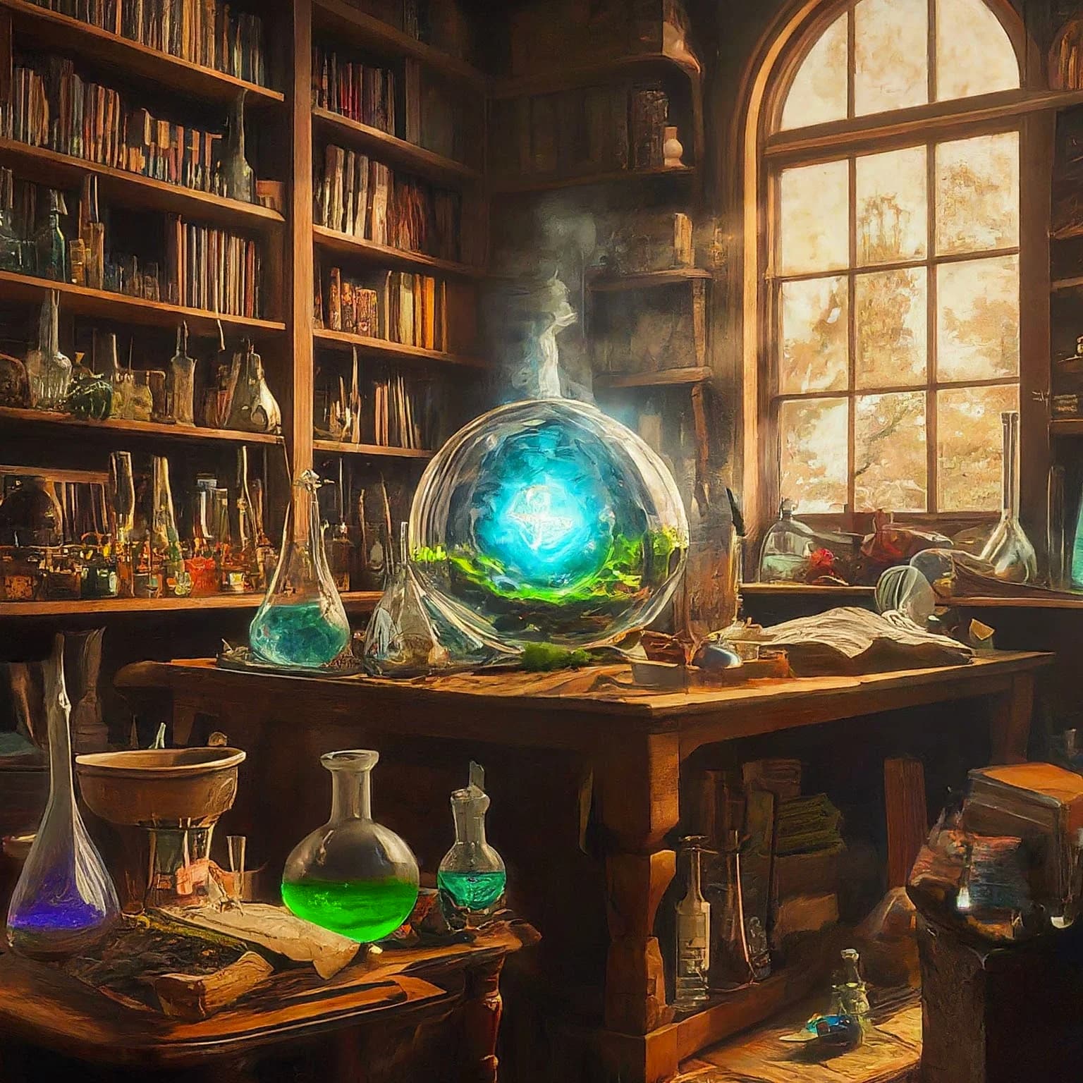 Prompt: “Generate an image of a cluttered alchemist's workshop, filled with bubbling flasks, glowing crystals, and the tiny, luminous world swirling within the bottle.”