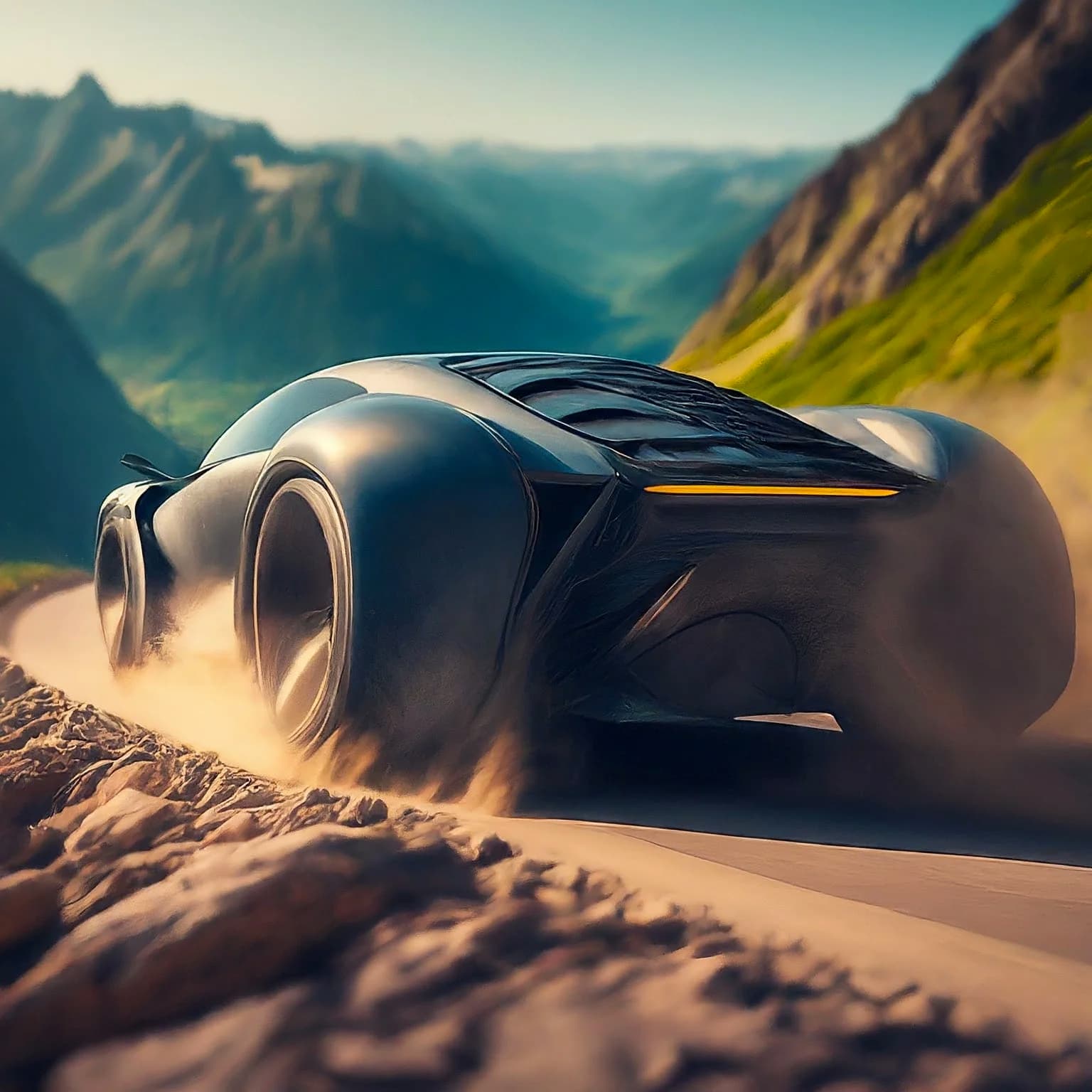 Prompt: “Generate an image of a futuristic car driving through an old mountain road surrounded by nature.”