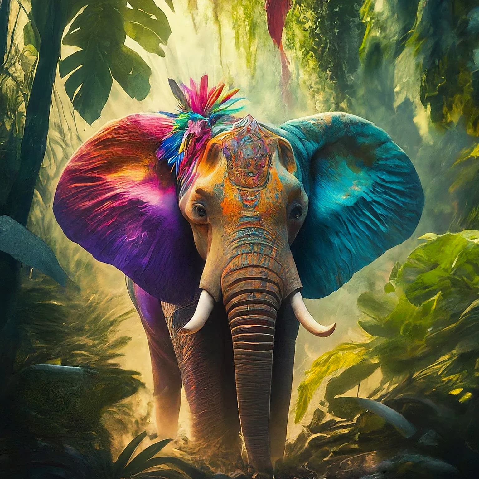 Prompt: “Generate a vibrant and lively image depicting an elephant partying in the heart of a lush, vibrant jungle. The elephant should be in various colors and be adorned with fun accessories.”