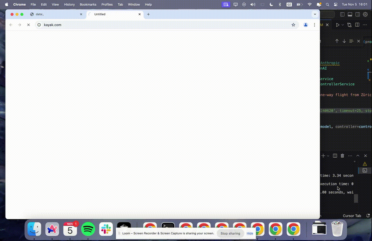 Browser-Use 사용 예시: Kayak에 방문하여 편도 항공권 조회