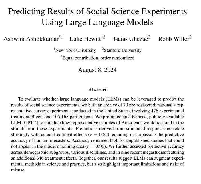 LLM을 활용한 사회과학 실험 결과 예측 논문