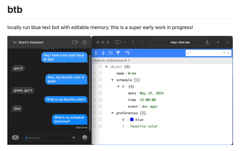 BtB(Blue-text Bot), 로컬에서 실행되는 채팅 기록을 기억(memory)하고 관리할 수 있는 macOS용 채팅 봇