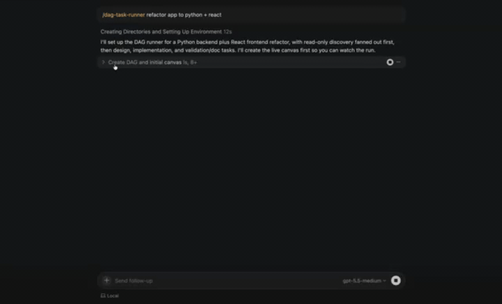 Cursor Cookbook의 DAG task runner가 Cursor Canvas로 라이브 스트리밍되는 모습
