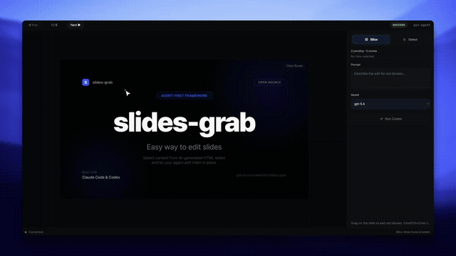 slides-grab 비주얼 편집기에서 슬라이드 영역을 드래그로 선택해 편집하는 데모