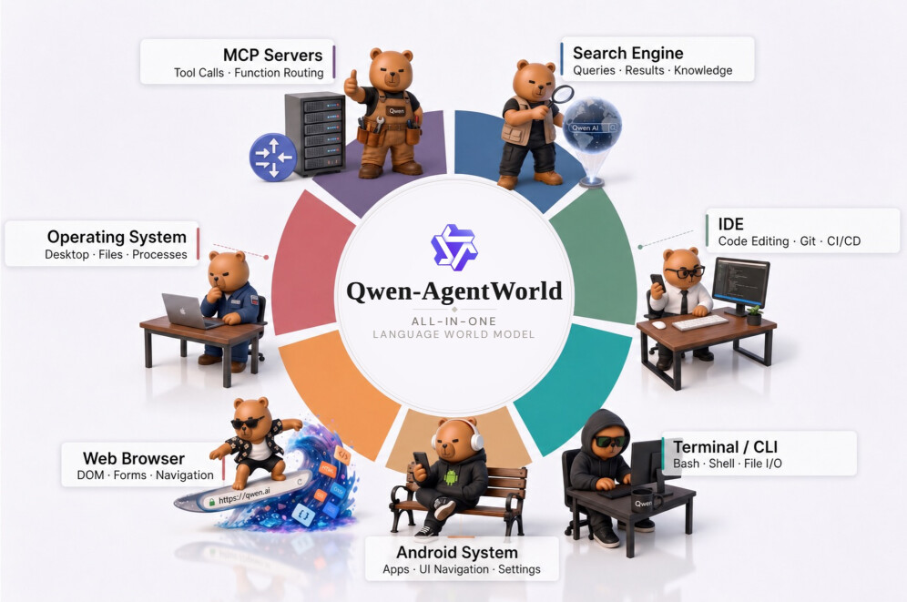 Qwen-AgentWorld가 하나의 언어 세계 모델로 통합한 7개 상호작용 환경 / Seven unified domains