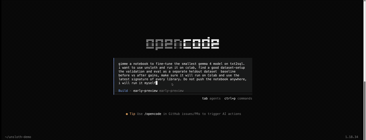 OpenCode에 연결한 Beam이 Unsloth 문서를 찾아 Gemma-4 Text2SQL 파인튜닝 노트북을 작성하는 데모