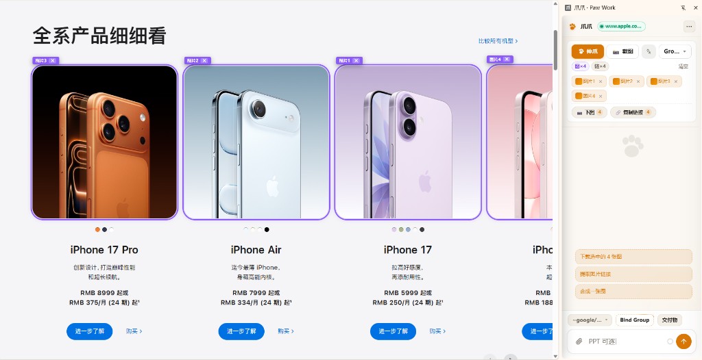 Paw Work 사이드패널에서 apple.com.cn 페이지의 제품 이미지를 선택한 화면