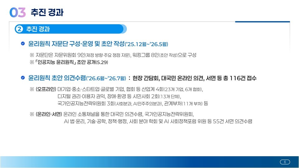 윤리원칙 제정 추진 경과를 정리한 발표 자료