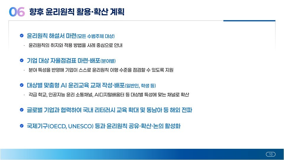 향후 윤리원칙 활용과 확산 계획을 정리한 발표 자료