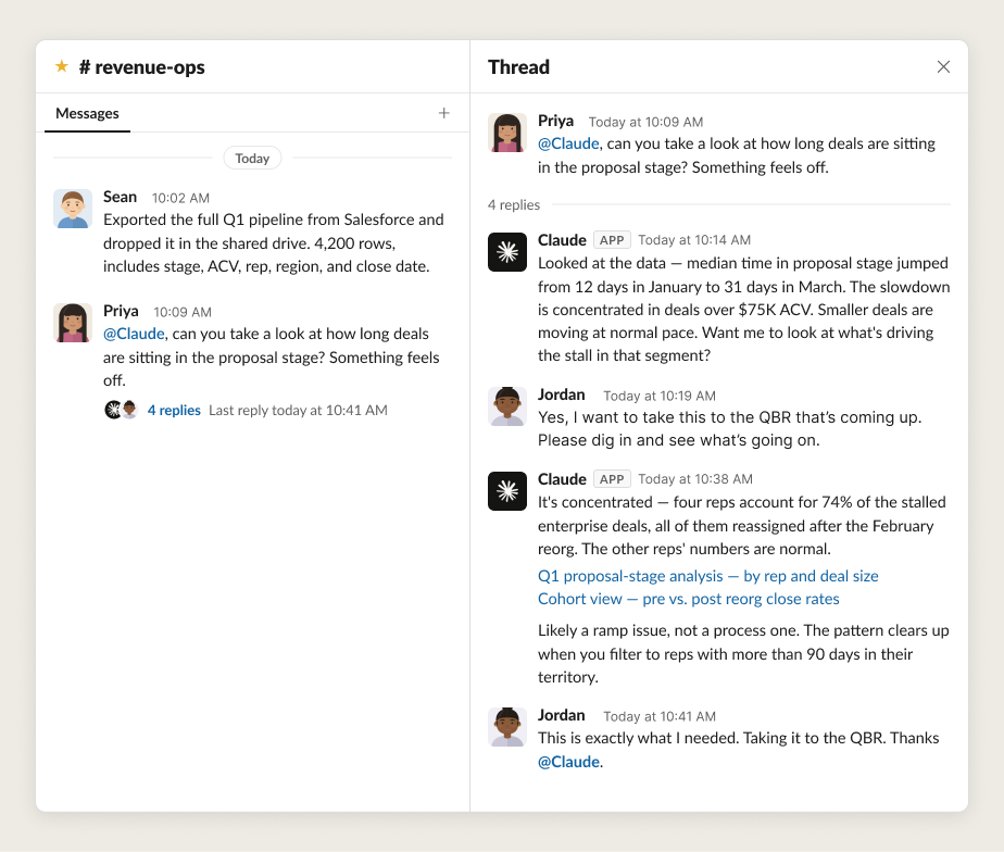 Slack 채널에서 인간과 에이전트가 데이터를 함께 분석하는 모습