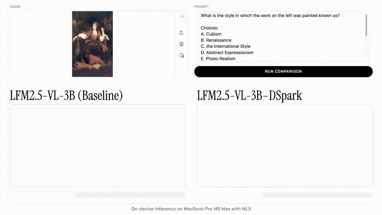 M5 Max MacBook Pro에서 LFM2.5-VL-3B 베이스라인 67 tok/s와 LFM2.5-VL-3B-DSpark 220 tok/s를 비교하는 데모